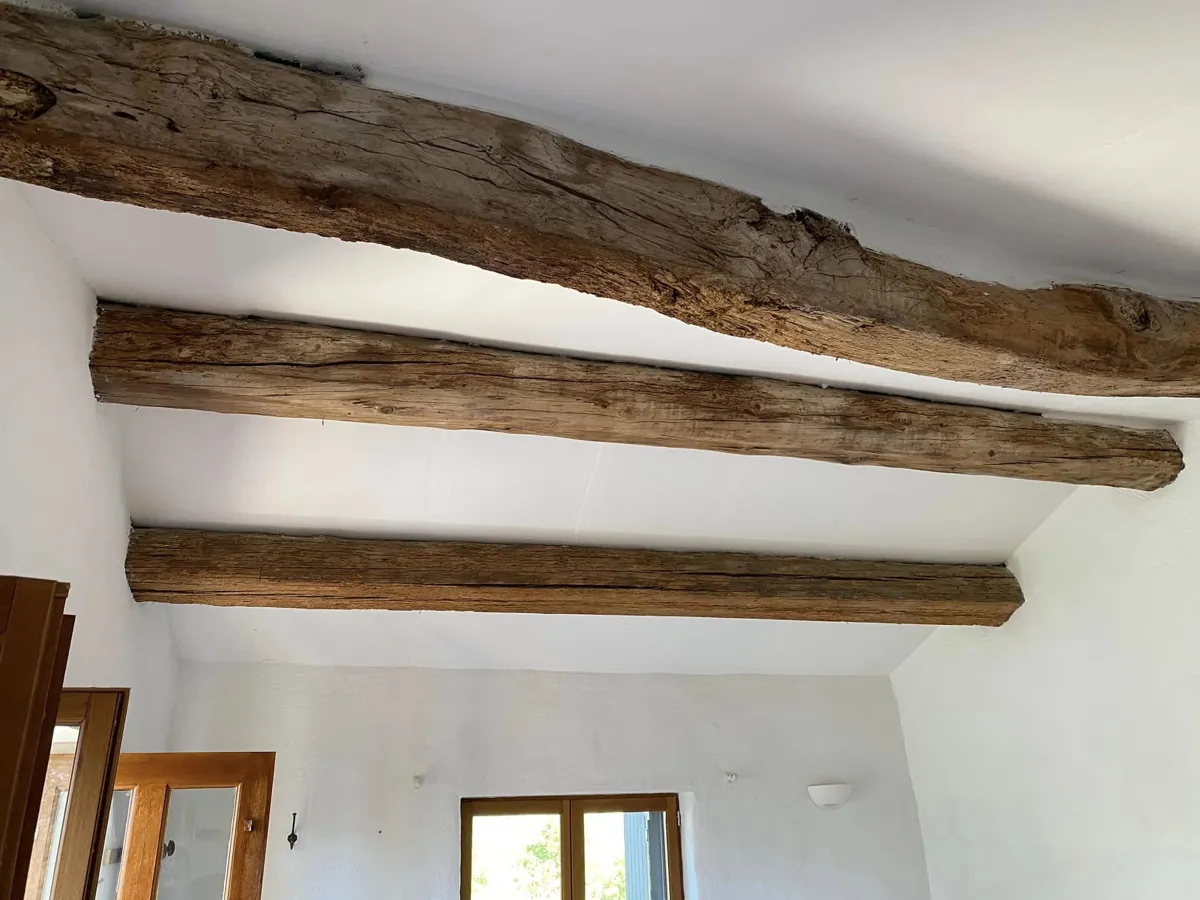 Poutres en bois avec des traces visibles d'attaque de capricorne nécessitant un traitement spécifique.